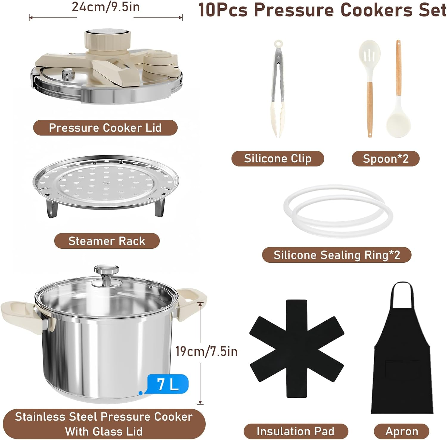 7L Stainless Steel Pressure Cooker,10 Pcs Olla De Presion Set, Cooking Pressure Cooker with 3 Psl Settings Release Valve & Multiple Protective Devices, Compatible with Induction and Gas Stovetops - Silver image number 5