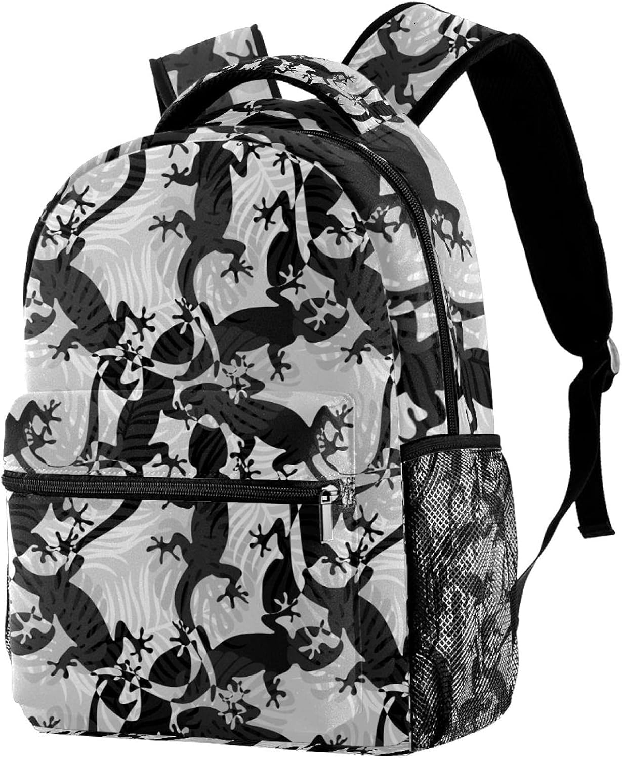 Monochrome Pattern with Ornate Tropical Lizards and Palm Leaves Backpack Students Shoulder Bags Travel Bag College School Tote Backpacks image number 1