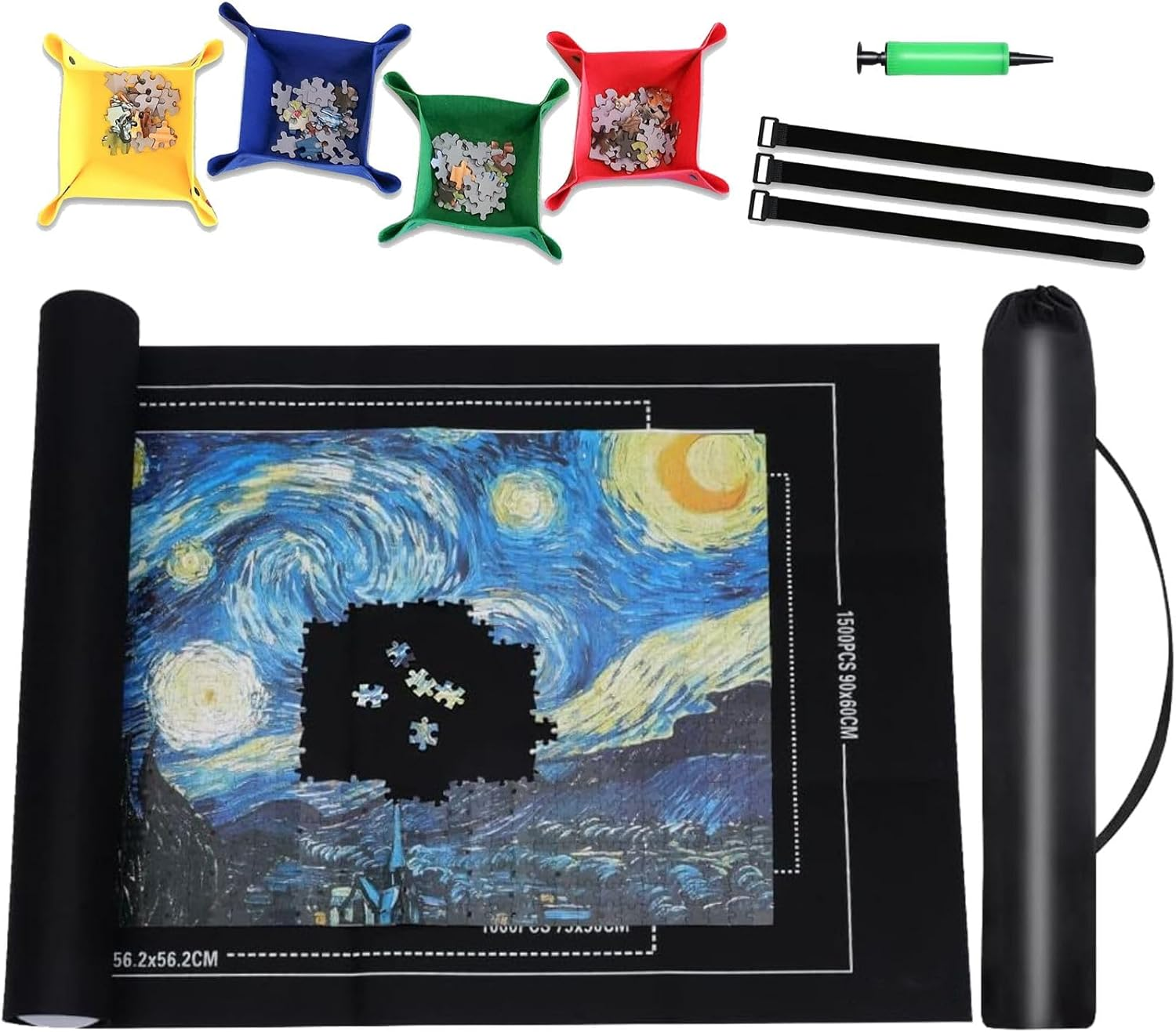 Roll-Up Jigsaw Puzzle Mat for 500-2000 Piece Puzzles Storage, Soft Felt Weave with 4 Sorting Trays & Bag, Portable Organizer for Adults & Teens, Travel-Friendly Puzzle Lovers