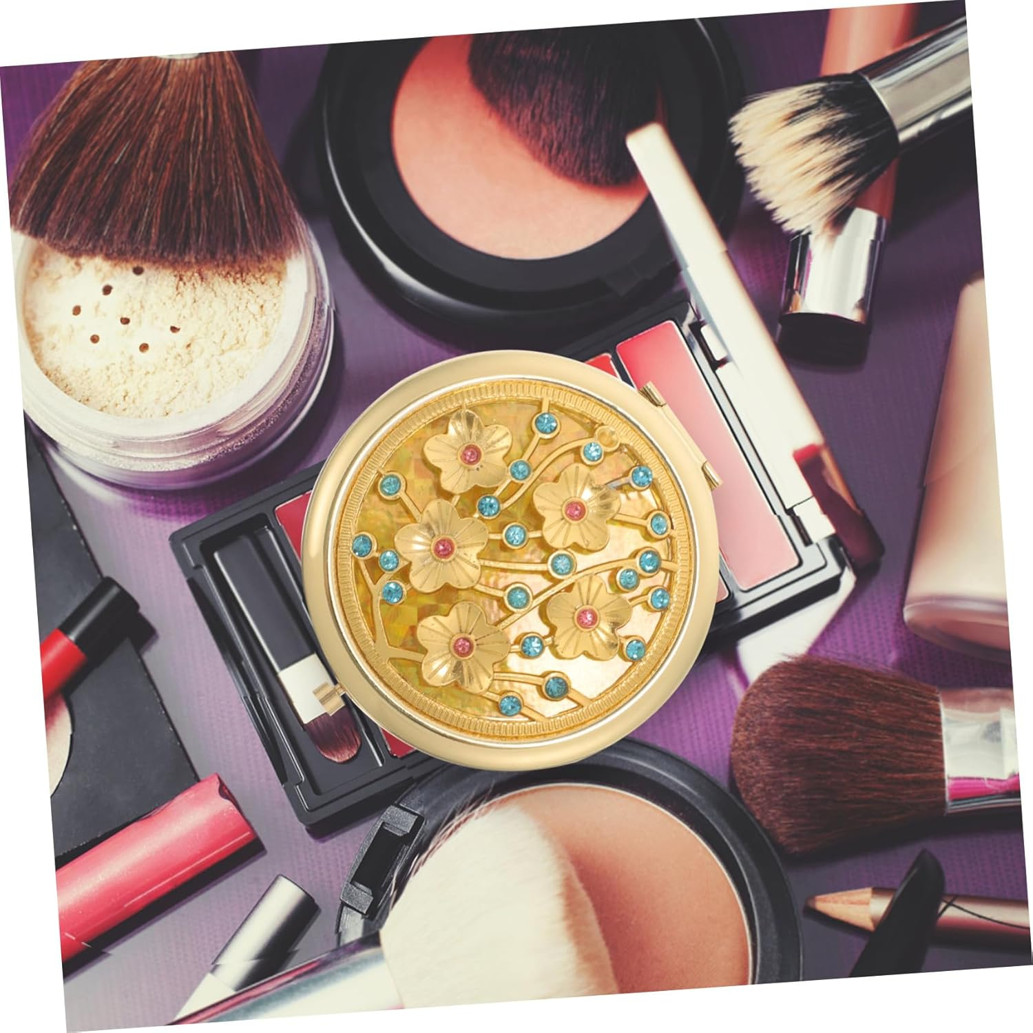 DINHEAROM Vintage Gold Handheld Compact Mirror Hollow Carved Design Small Portable Makeup Mirror for Women for Travel and Purse Use image number 4