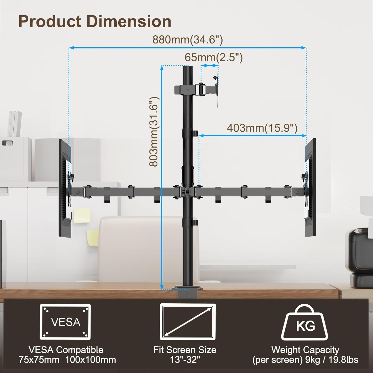 PUTORSEN Monitor Bracket 3 Monitors for 13-32 Inch Flat & Curved Screen, 80 Cm Rod Monitor Table Mount Swivelling Tilting Height Adjustable, 9 Kg per Arm, VESA 75 X 75/100 X 100, Black image number 1