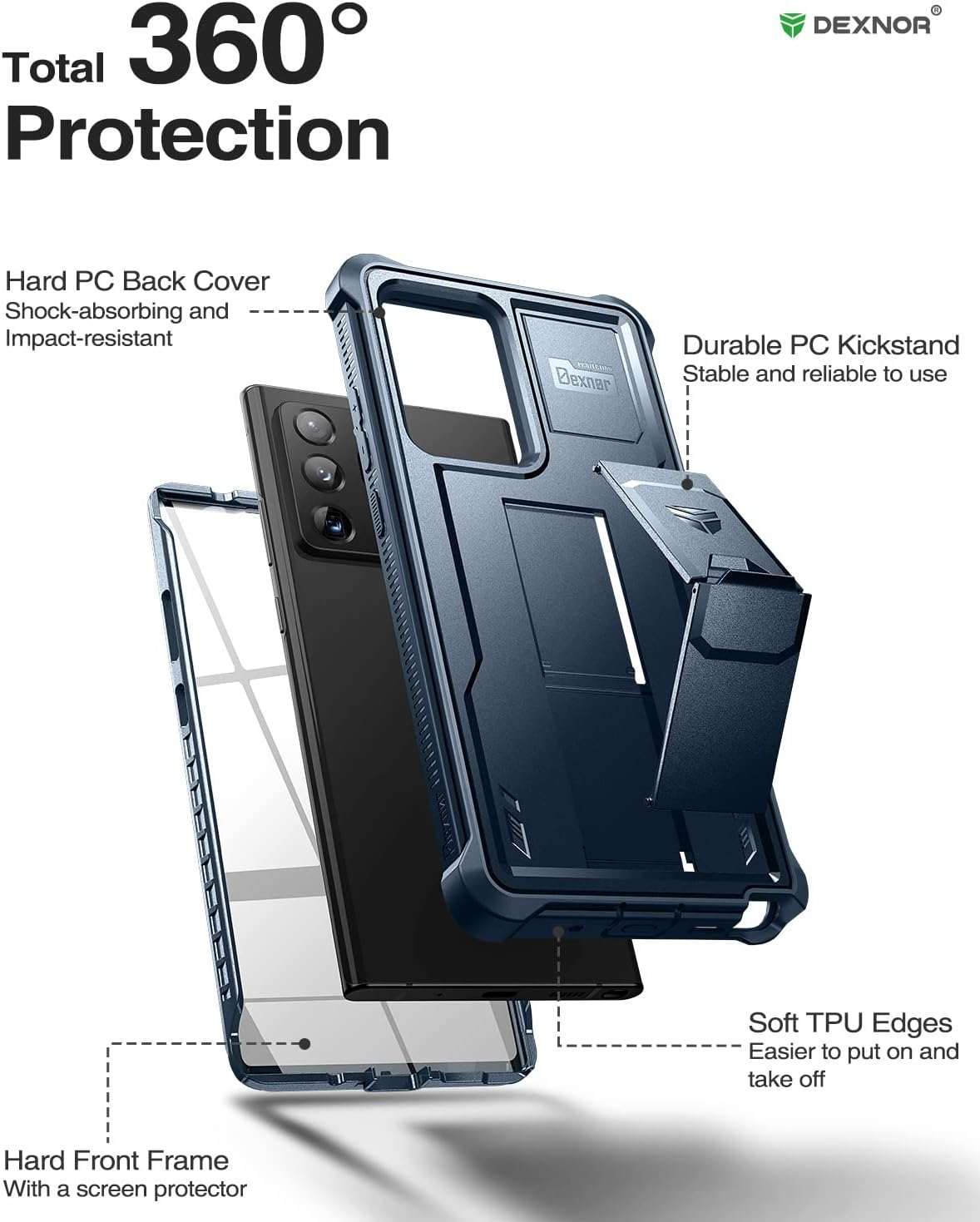 Dexnor for Samsung Note 20 Ultra Case, [Built in Screen Protector and Kickstand] Heavy Duty Military Grade Protection Shockproof Protective Cover for Samsung Note 20 Ultra - Blue - Blue image number 2