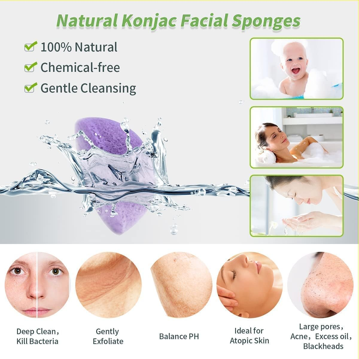 Konjac Face Sponges for Cleansing and Exfoliating, Konjac Facial Sponges for Washing Cleaning Face Body with Activated Charcoal, Natural Konjac Sponge Set for Oily Dry Sensitive Skin Skincare Tool