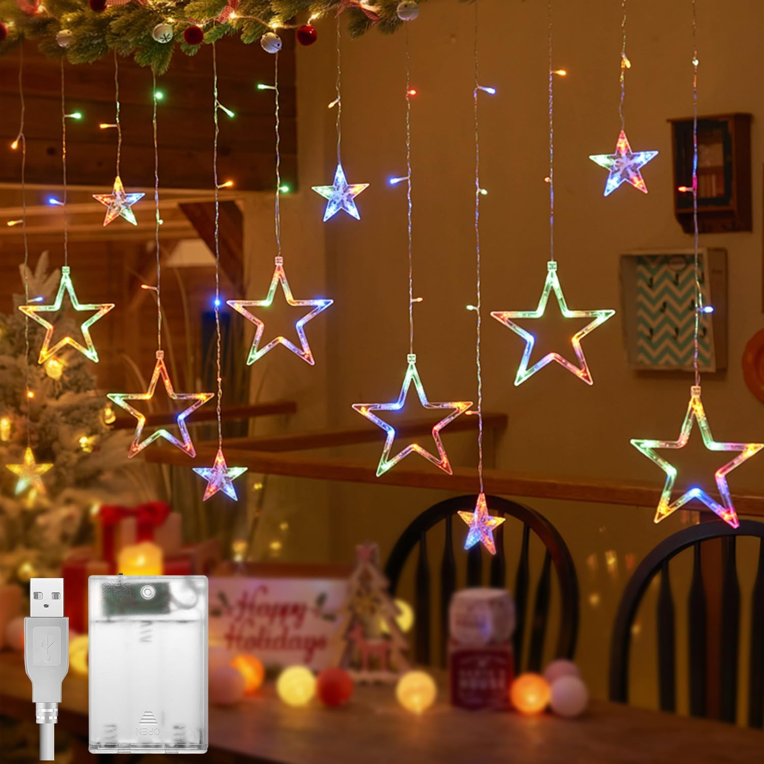 Theapro Curtain Fairy Lights 3.5 M 138 LED 12 Stars Battery Operated USB Powered with 8 Mode Waterfall Backdrop for Outdoor Indoor Bedroom Christmas Diwali Party Decorations (Warm White)