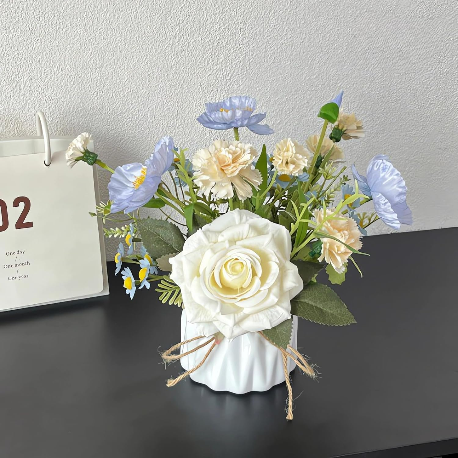 Artificial Flower Arrangement with Roses and Daisies in White Ceramic Vase, Mixed Bouquet A218 (White)