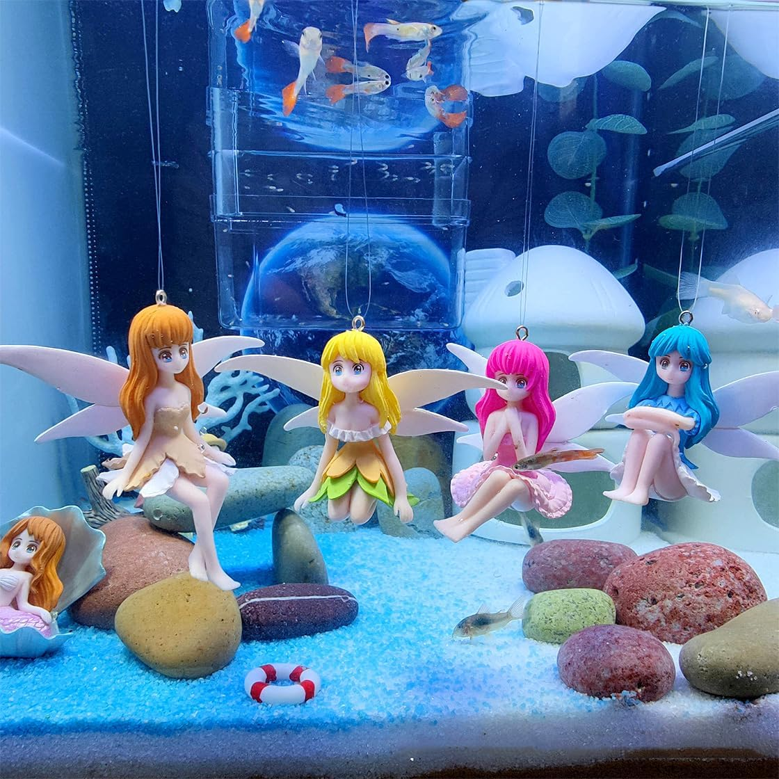 Hyzaphix 4Pcs Floating Fish Tank Decorations, Miniature Fairy Figures Fantasy Aquarium Decor Small Fairy Figurines Ornament with Wing for Home Decoration (Fairy) image number 1