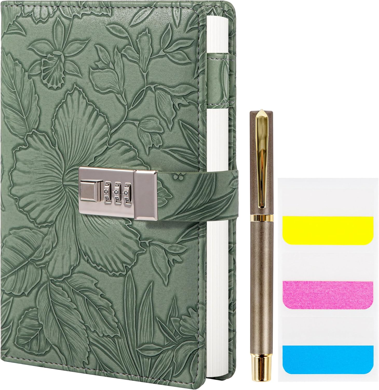 Diary with Lock for Women, 3D Embossed Journal with Lock, 224 Pages Wide Lined Notebooks, PU Leather with Pen and Stickers Planner Organizer for Women & Men