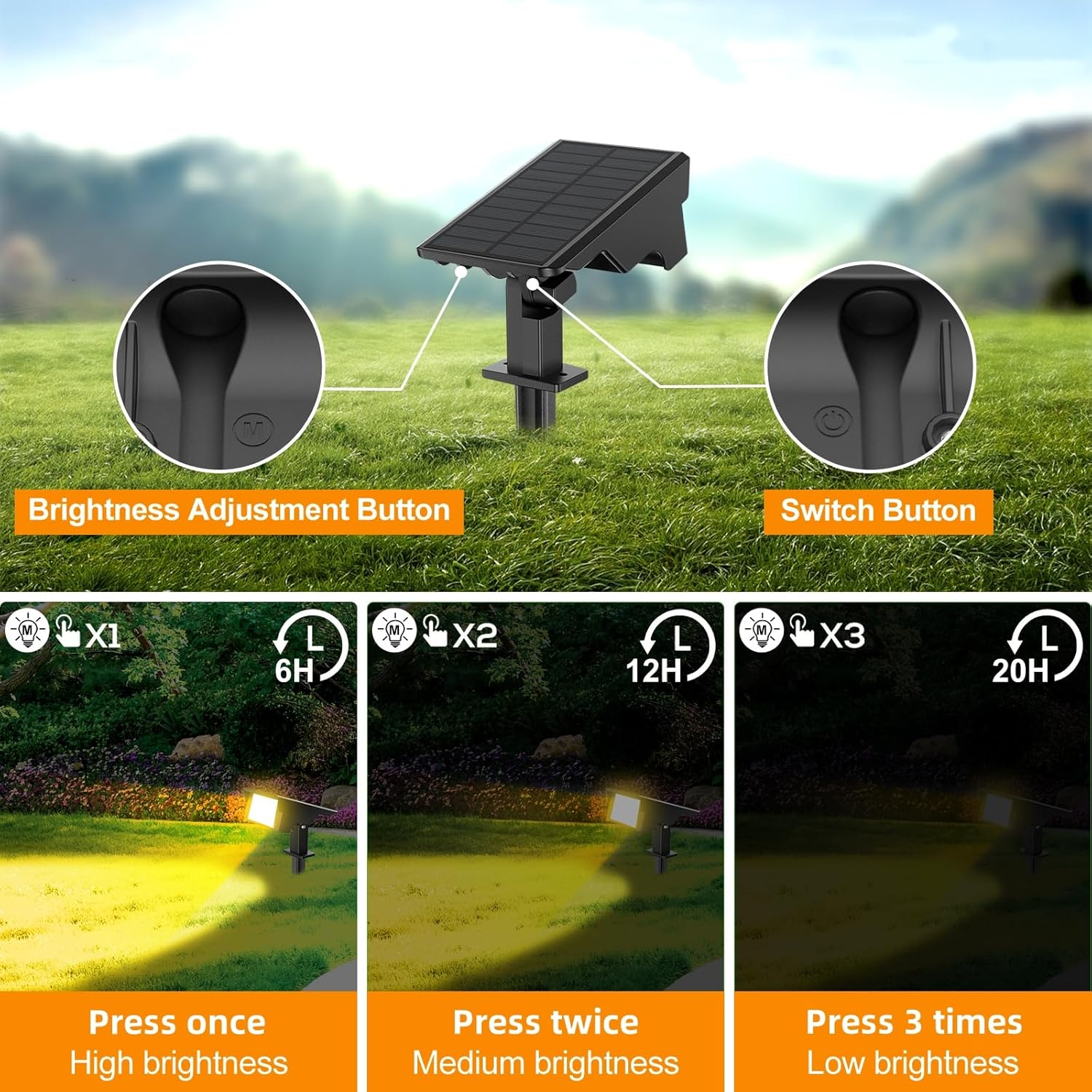 MEIKEE Solar Spot Lights Outdoor, 2 Pack Warm White Solar Landscape Spotlights Dusk to Dawn 3 Modes 3 Brightness Adjustable, IP65 Waterproof Solar Lawn Tree Wall Lights for Patio Driveway Path image number 6