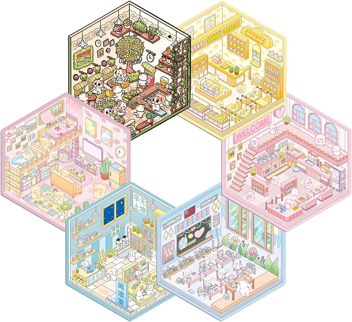 3D House Scene Stickers, 6 Sets Fun Stickers Scene Make Your Own Mini House Shop, Includes Cute Animal Shop Cartoon Stickers for Kids Girls Adults Pass the Time Relief Stress image number 4