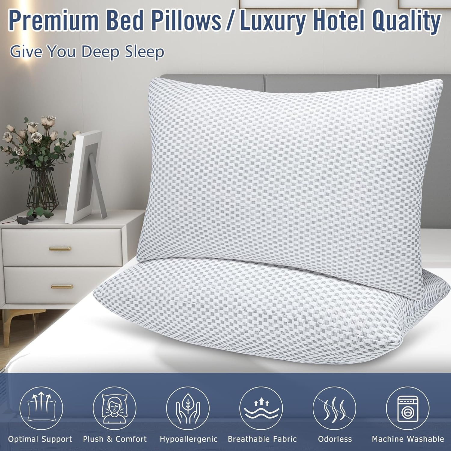 Shredded Memory Foam Pillow with Washable Removable Pillowcase,Queen Size Bed Pillow for Sleeping,Suitable for Stomach,Back and Side Sleepers. image number 2