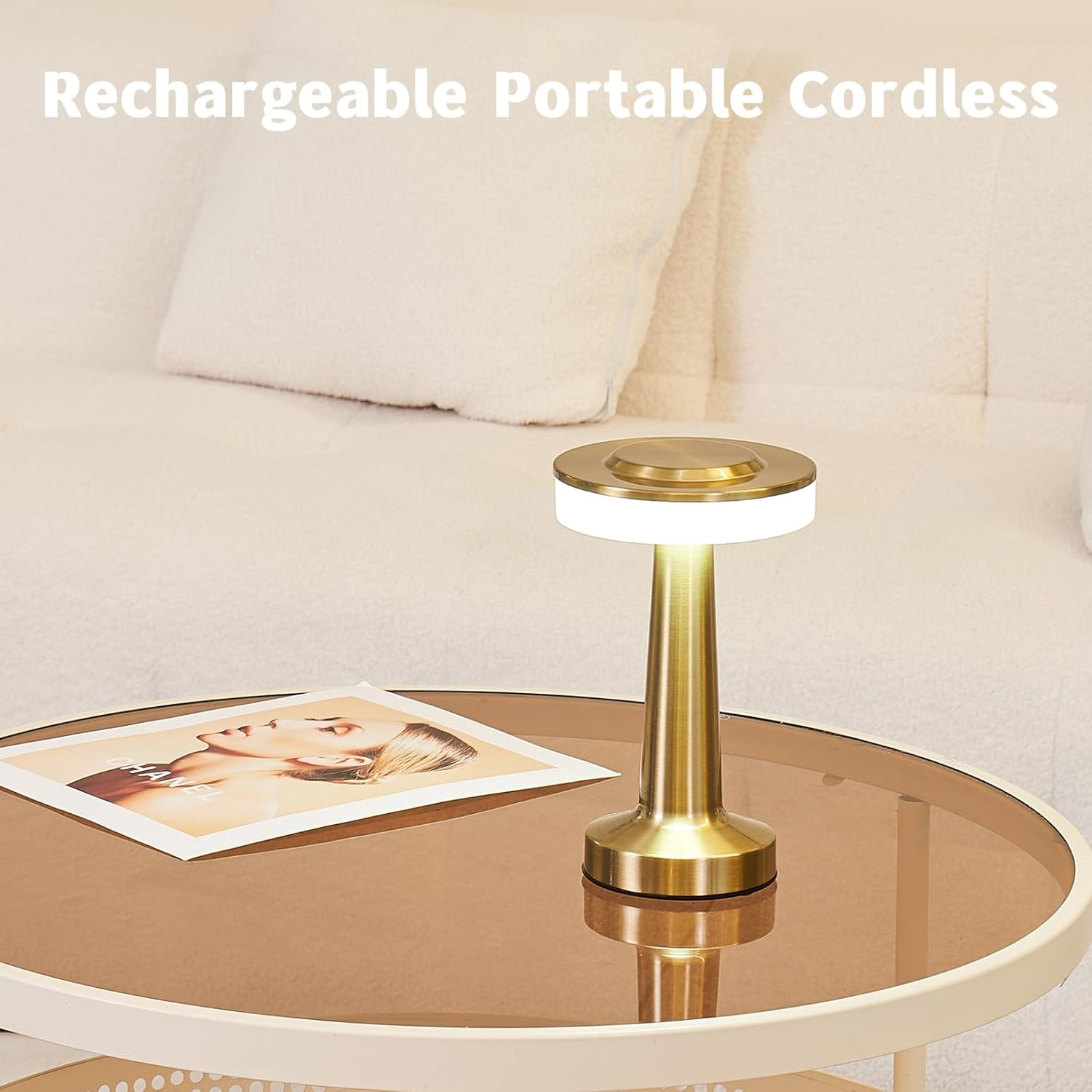 LED Rechargeable Portable Cordless Table Lamp with 3-Levels Brightness,Touch Lamp,Nightstand Lamp,Bedside Lamp for Indoor Outdoor Restaurant Bar Coffee Shop(Gold-Cap), HJ-JS001 image number 6