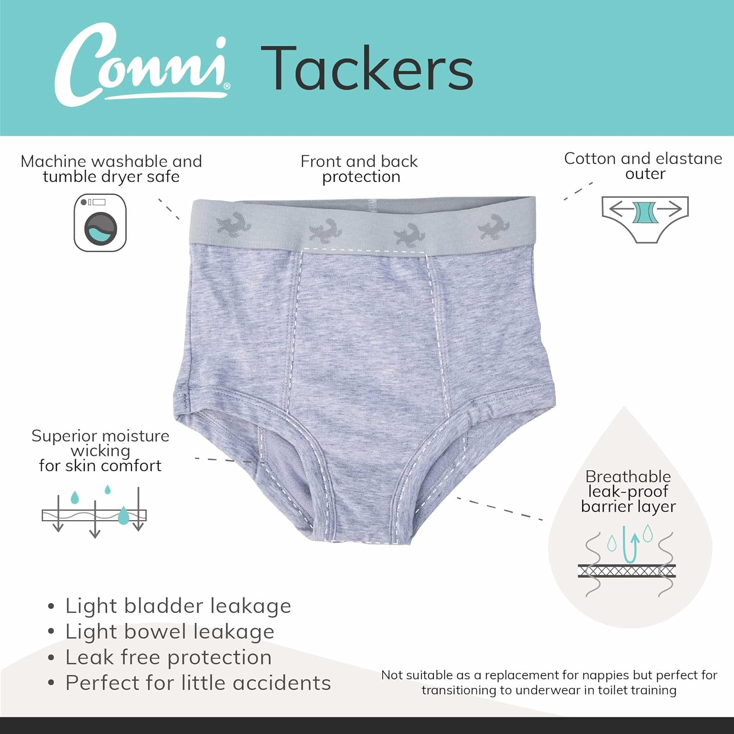 Conni Kids Tackers Washable Pull up Briefs Underwear for Potty Training and Youth Incontinence, Grey, Size 12-14