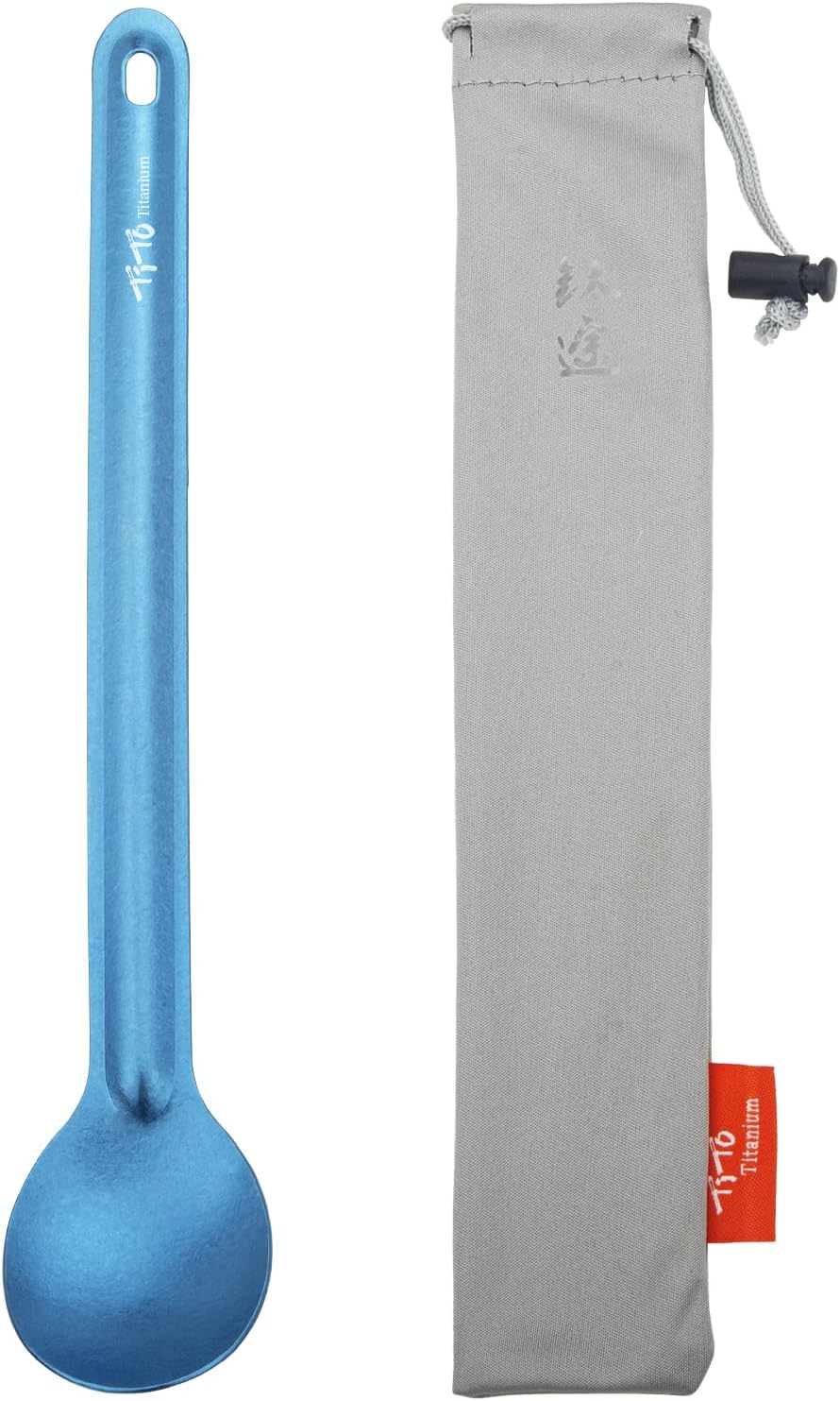 Tito Titanium Spork Long Handle Outdoor Travel Spoon Fork Portable Flatware Camping Fork Spoon Sports Backpacking Titanium Spoon (Bright-Titanium-1)