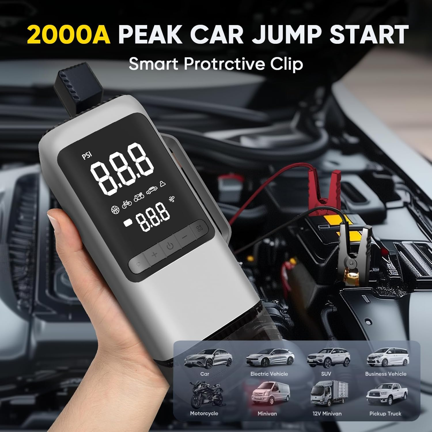 1500A Car Jump Starter, Portable Jump Box, with 150PSI Inflator, Vacuum Cleaner & Pressure Gauge, 8000Mah Power Bank, 5V/2A USB Output, Jumper Cables, LED Light, for Emergencies, Road Trips, Camping image number 6