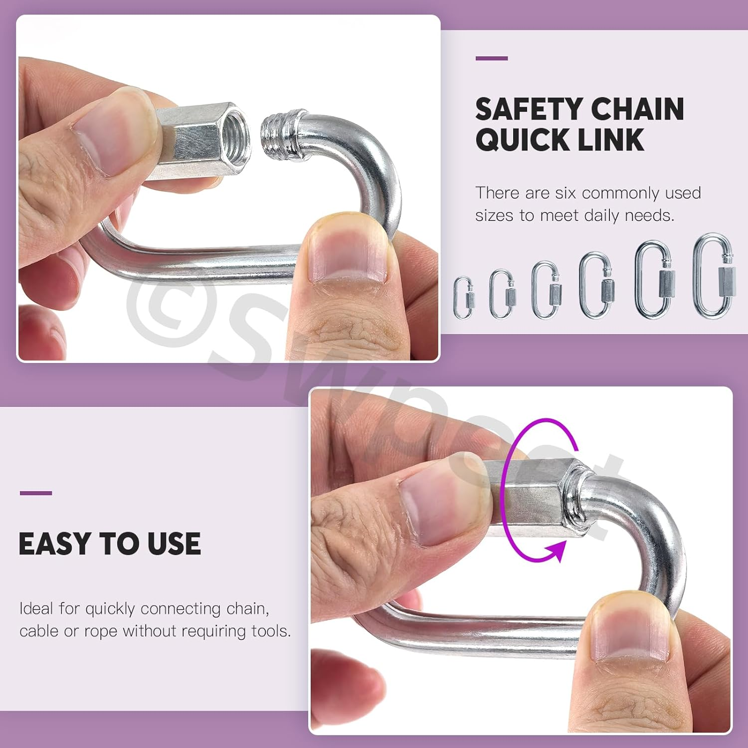 Swpeet 30Pcs M3.5 M4 M5 M6 M7 M8 Galvanized Safety Chain Quick Link and Galvanized Spring Snap Hook Assortment Kit, Heavy Duty Chain Connector Chain Coupler D Shape Locking image number 6