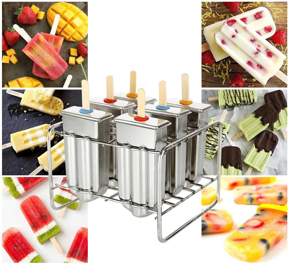 Set of 6 Stainless Steel Ice Lolly, Popsicle Ice Cream Mould with Stainless Steel Stick Holder Base Lolly Maker Set Ice DIY Ice Cream Mould Maker Freezer