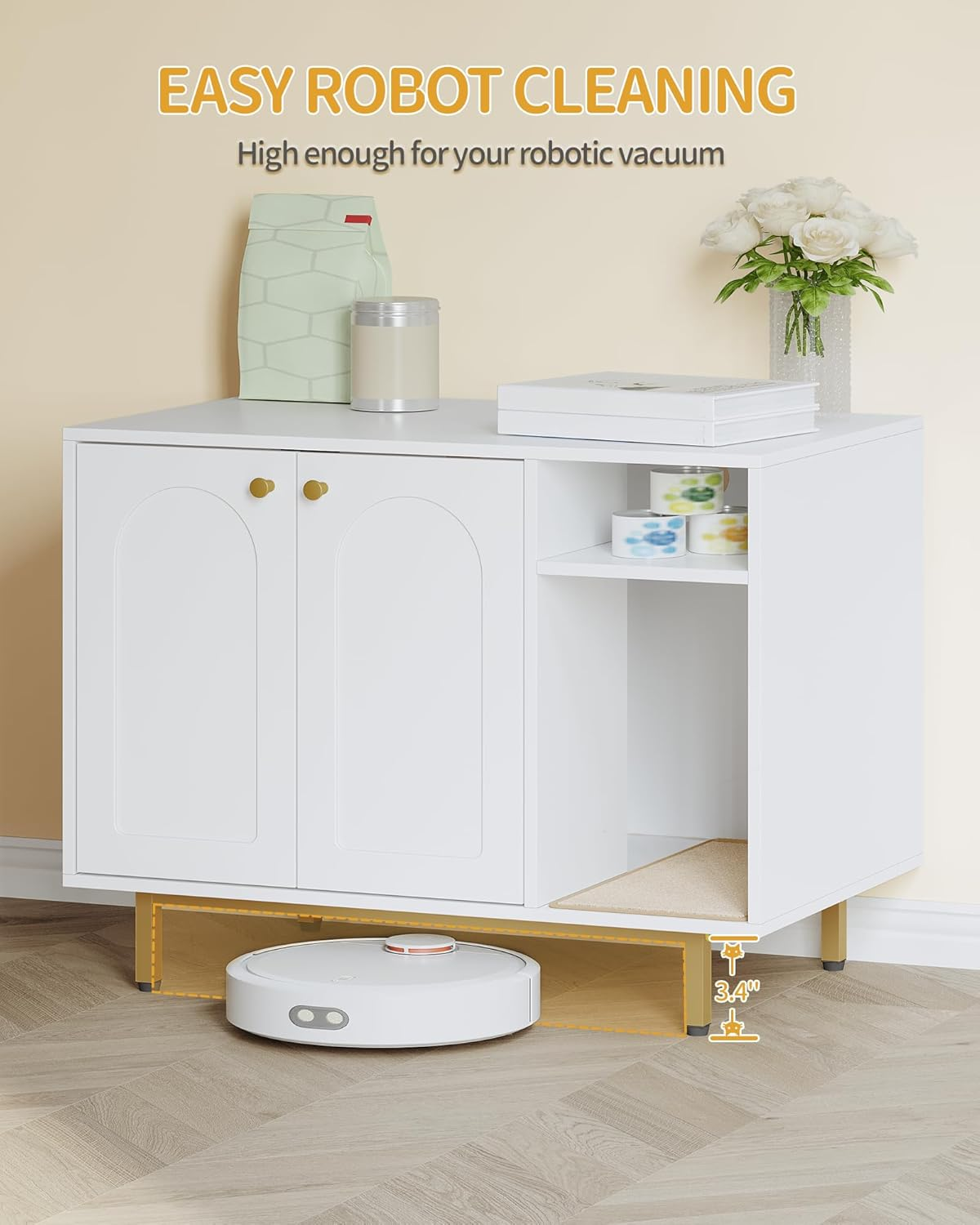 Hzuaneri Cat Litter Box Enclosure, Hidden Litter Box Furniture, Wooden Pet House Side End Table, Storage Cabinet Bench for Living Room, Bedroom, 31.5 X 19.7 X 23.9 Inches, White and Gold 01503GCLB - White And Gold image number 5