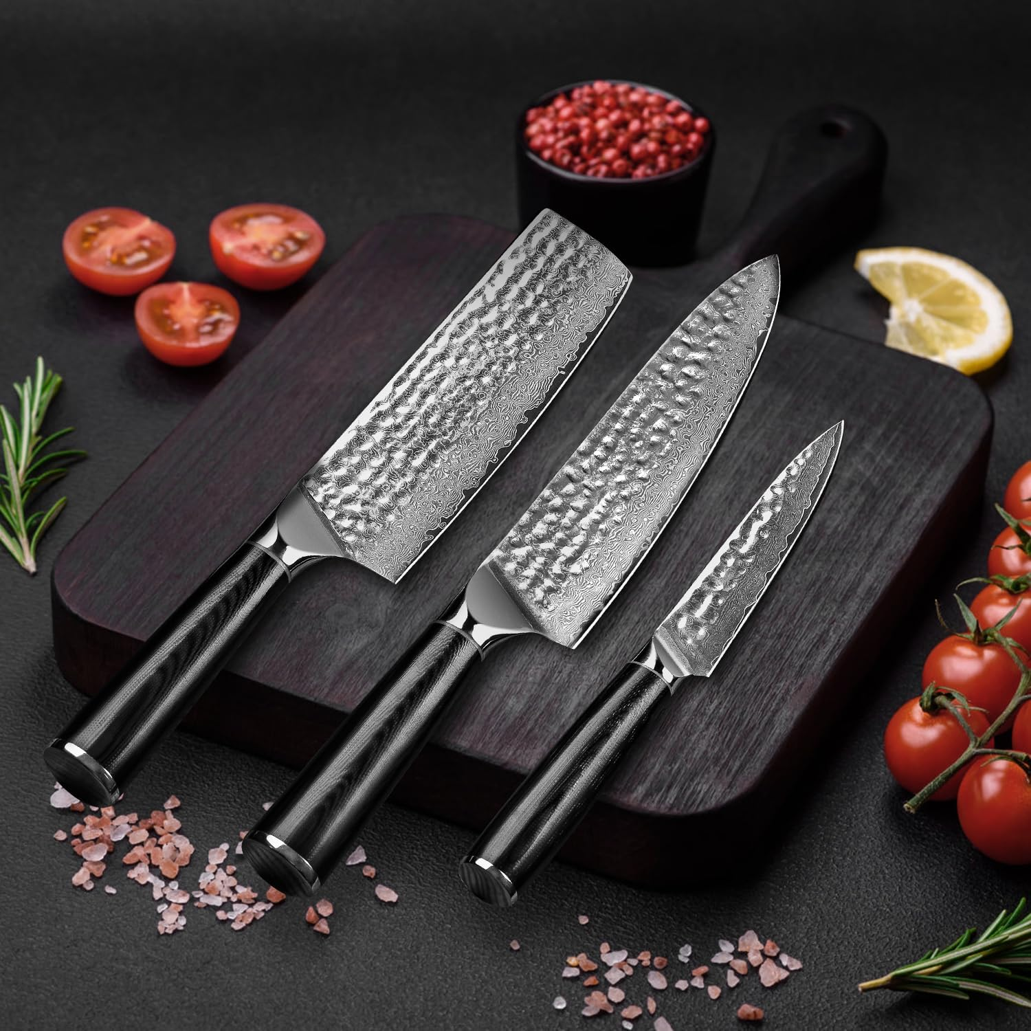 Knife Set 3-Piece Damascus Steel Chef Knife Set &ndash; 8 Inch Razor Sharp Kitchen Knives, 7 Inch Nakiri Knife, 5 Inch Slicing Knife with Ergonomic G10 Handle Cooking Knife Set, Gift Box - Damascus Knife 3-Piece image number 2