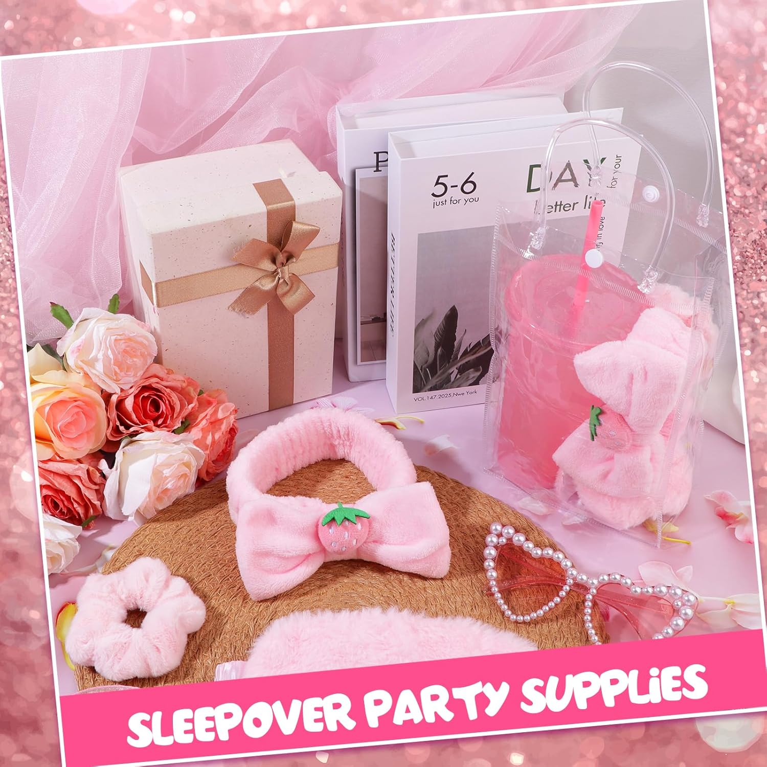 30 Piece Party Set Pajamas Girls Gift 6 Cute Hair Bobbles for Women 6 Spa Plush Sleep Masks Pink 6 Reusable Sequin Cups 6 Makeup Headbands 6 image number 3