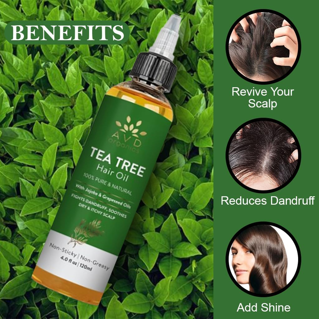 AVD Organics Tea Tree Hair Oil 120 ML | 100% Pure and Natural Tea Tree Hair Oil | Soothes Itchy Scalp | Moisturize Skin Strengthen Hair | Ideal for Both Men and Women | 4 Fl Oz image number 1