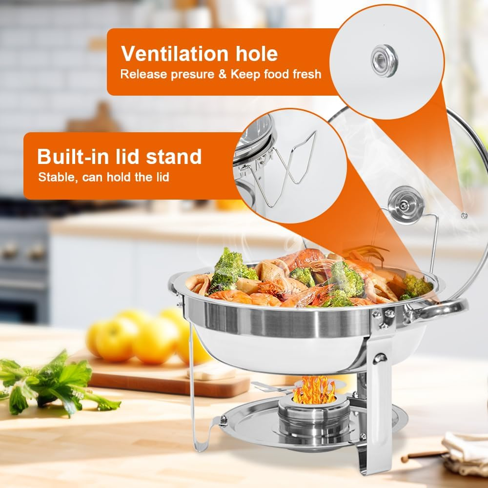 ALSTON 2 Pack round Chafing Dish Buffet Set 201 Stainless Steel 4.5L Food Pan with Glass Lid and Fuel Holder Complete Set for Restaurant Party Catering Wedding image number 3