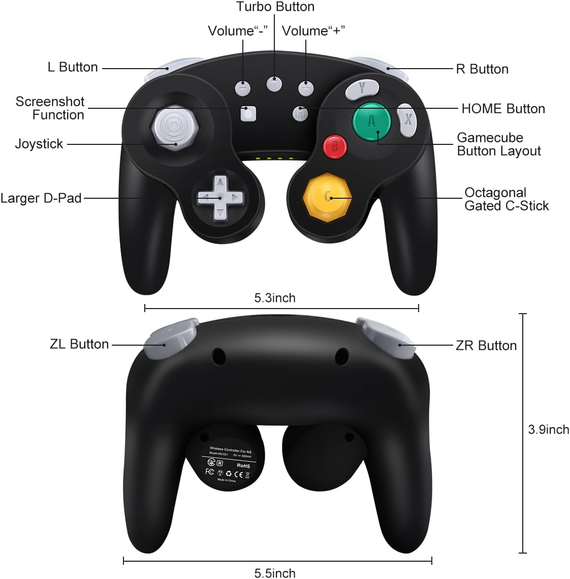 ADHJIE Wireless Gamecube Controller for Nintendo Switch,Wireless Switch Pro Controller for Nintendo Switch/Pc/Steam,One-Button Wake Up,6-Axis Gyro Motion,Turbo & Auto Turbo(Black) image number 4