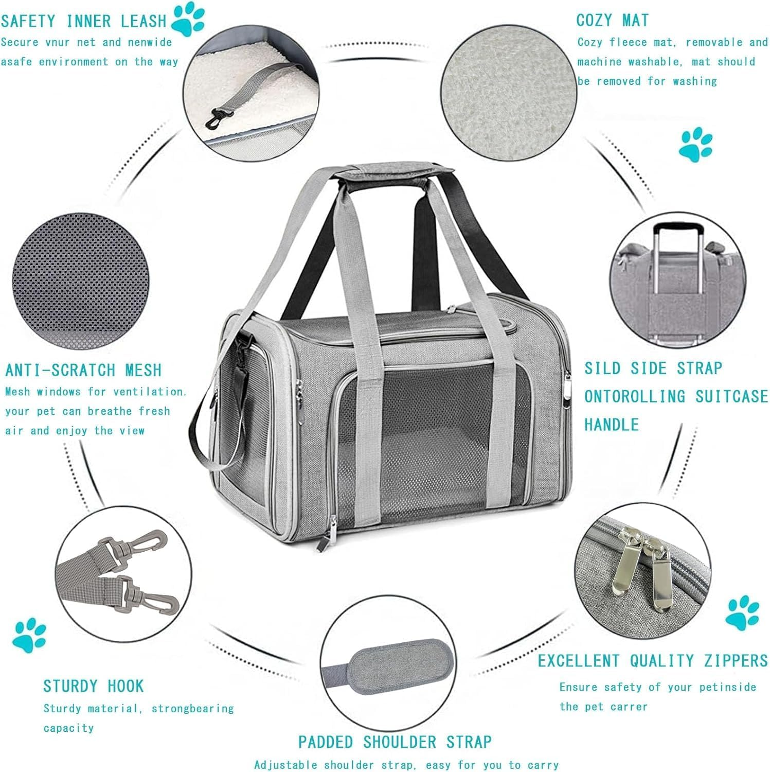 New Upgraded Soft Sided Pet Carrier, Airline Approved, Lockable Zippers, Breathable Dog Carrier for Small Medium Cats and Puppies up to 15 Lbs, Small Dog Carrier - Grey