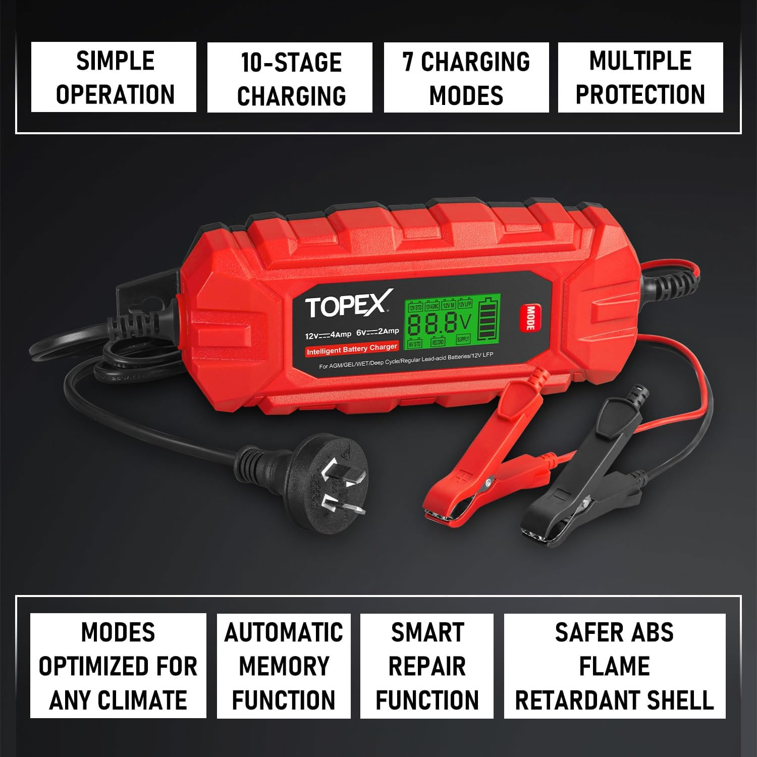 TOPEX Car Battery Charger, 12V 4A/ 6V 2A Smart Automatic Battery Charger Maintainer IP65 Rated W/ 10 Stage Charging LCD Display for Lead Acid, Lifepo4 Battery in Car, Truck, Motorcycle, Boat, SUV, ATV image number 4