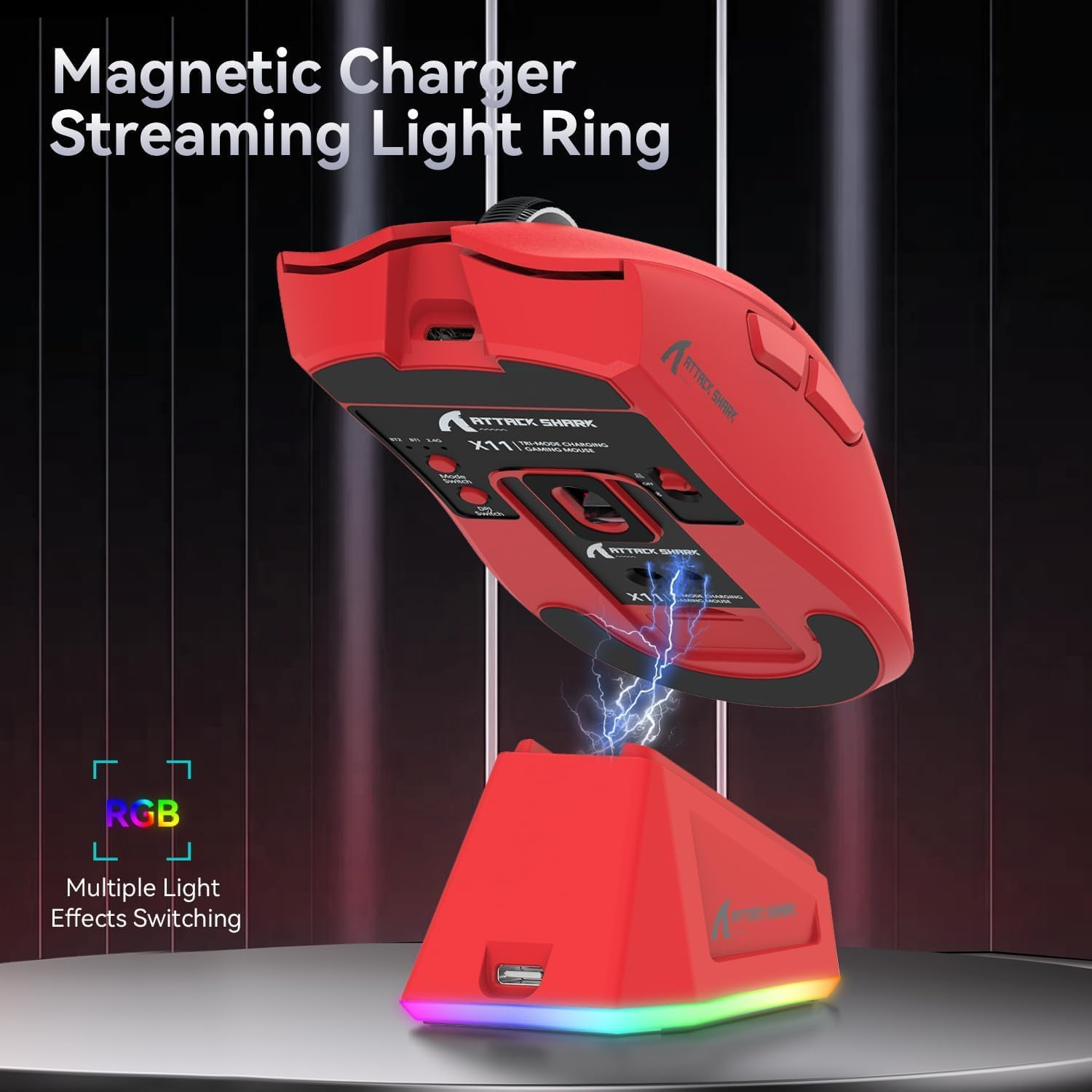 ATTACK SHARK X11 Ultra-Light Triple Mode Gaming Mouse PAW3311 Optical Sensor 22K DPI 5 Programmable Buttons for Pc/Mac Red&Sticker - Black+Griptape image number 2