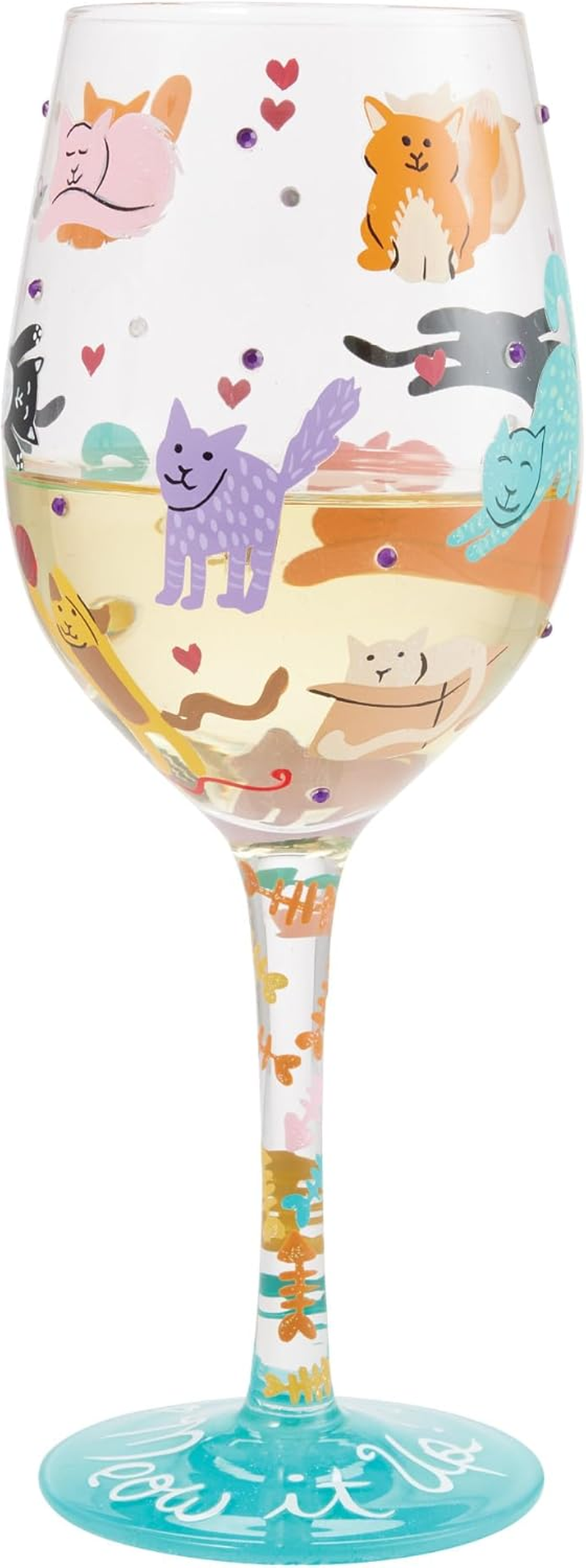Enesco Lolita Meow It up Cats and Hearts Hand-Painted Artisan Wine Glass, 15 Ounce, Multicolor image number 5