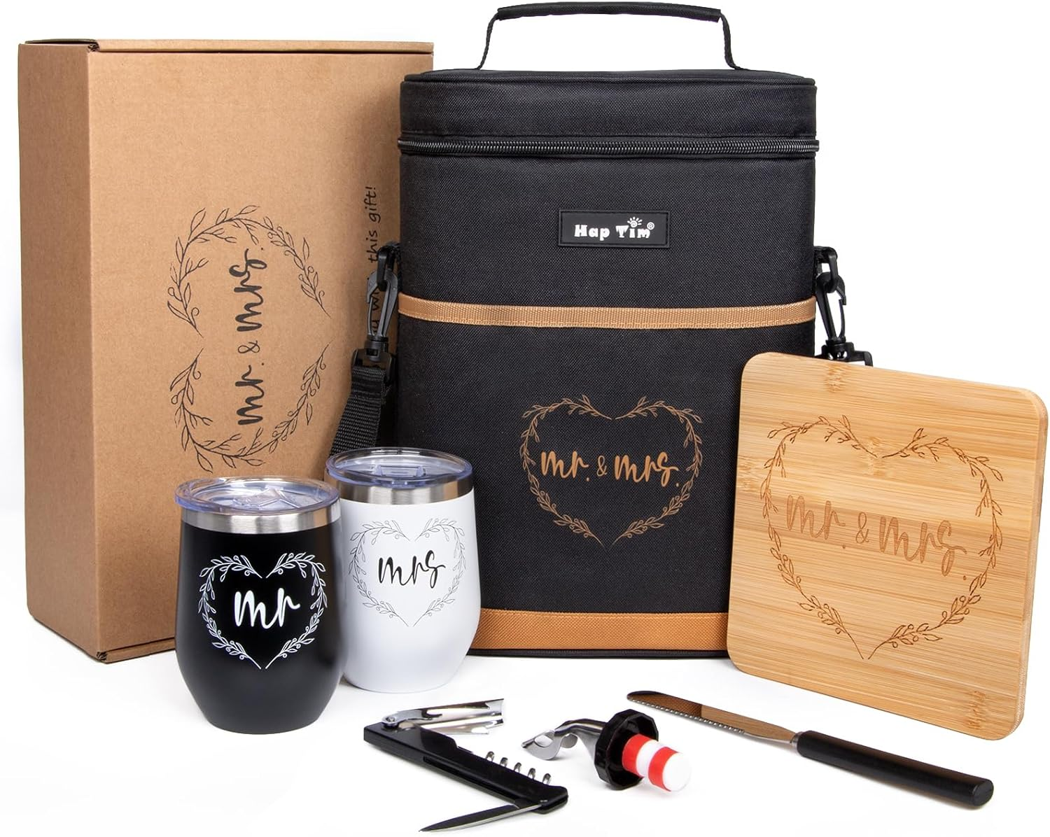 Hap Tim Wedding Gifts for Couples, Bridal Shower Gifts, Engagement Gifts for Newlyweds, Mr and Mrs Gifts - Wine Cooler Bag Insulated Wine Carrier Tote with Tumblers, Bamboo Cheese Borad (AU13624-G1)