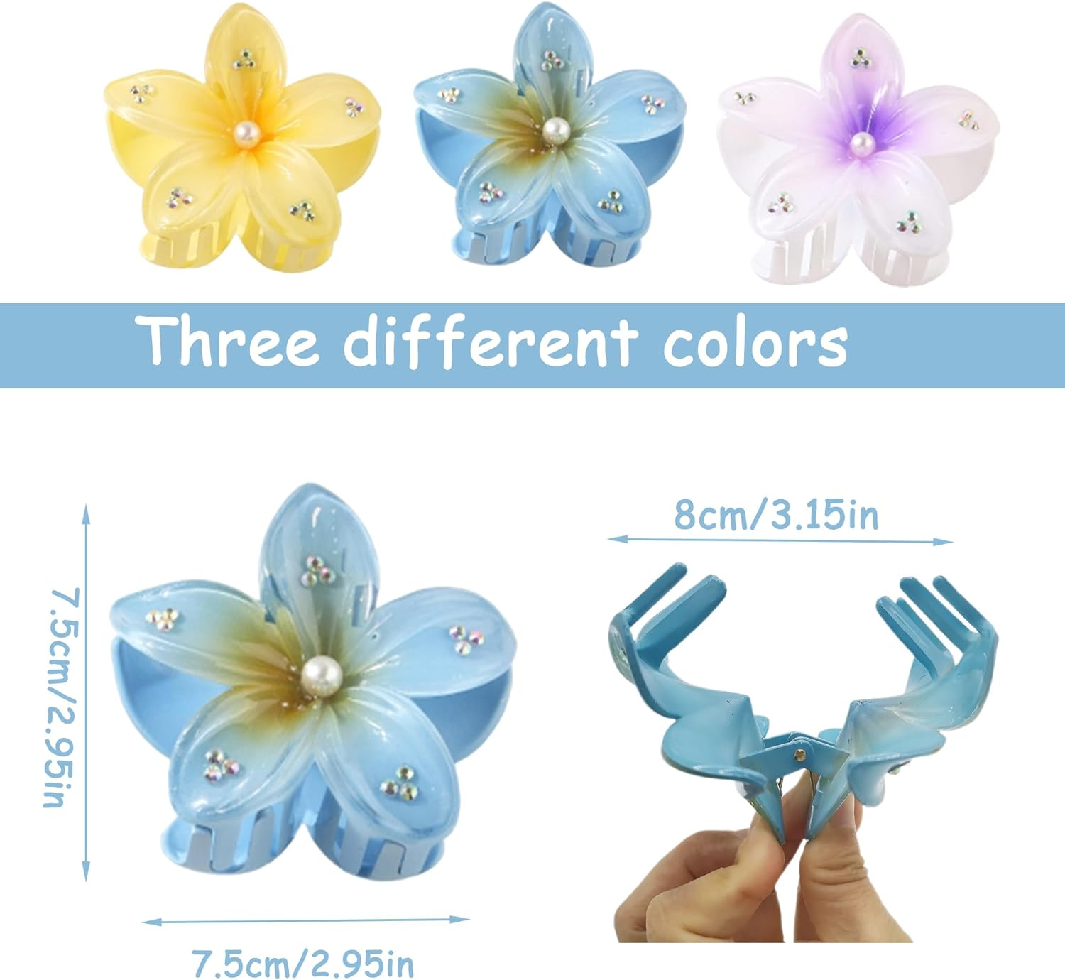 QIUMING Flower Hair Clips, Egg Flower Hair Clip, Non-Slip Hair Clips, Hawaiian Flower Claw Clips, Hair Clip, Flower with Rhinestones, Hair Styling Accessories for Thick, Thin Hair (White + Yellow + image number 4