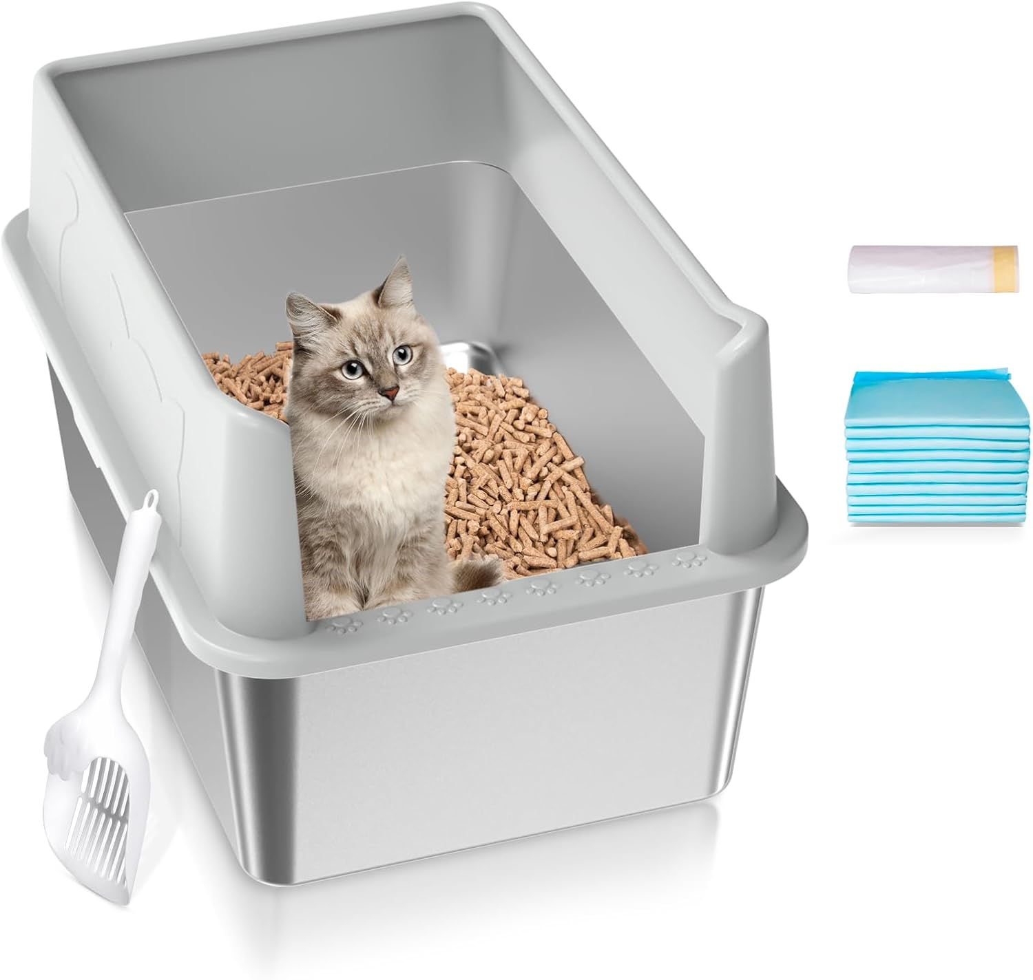 Stainless Steel Cat Litter Box with Lid, XL High Sided Metal Sifting Litter Box, Enclosed Litter Box for Big Cats, Anti-Leakage, Easy Clean, Include Scoop, Liner, Pee Pad and Hook image number 4