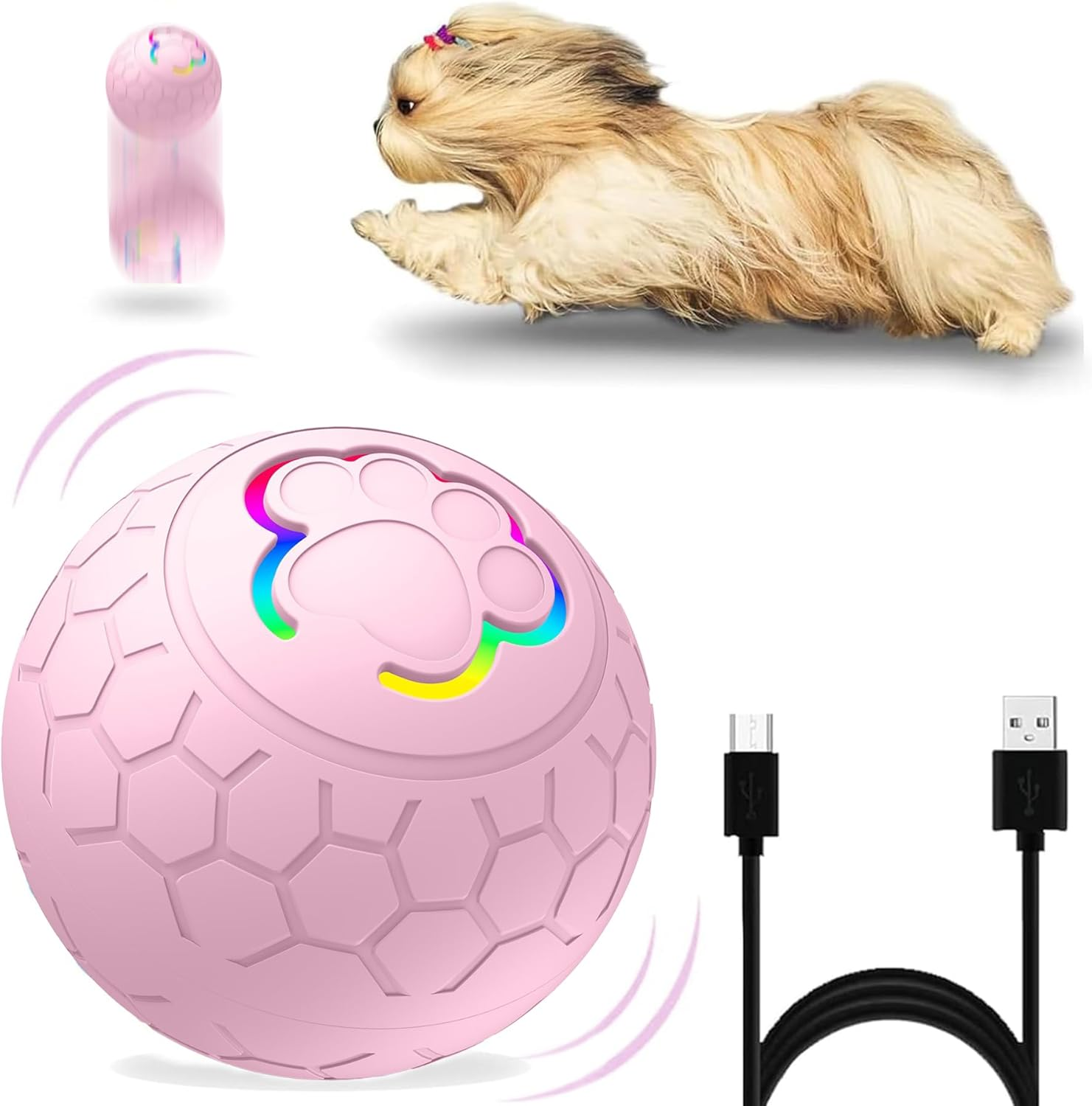 Interactive Dog Ball Toys, Active Rolling Ball for Indoor Dogs Cats with Motion Activated USB Rechargeable, Moving Bouncing Ball Pet Puzzle Toy (Pink)