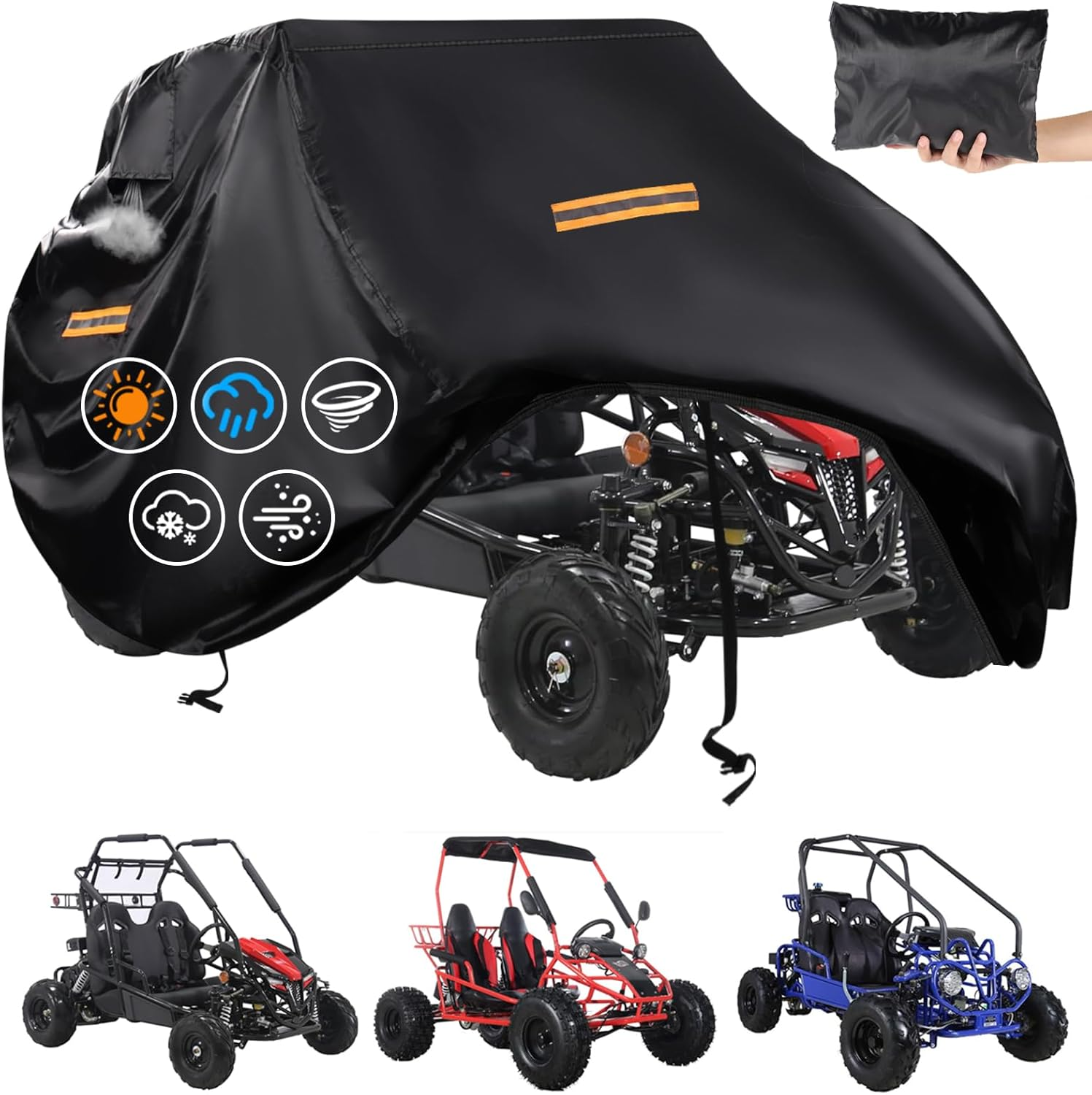Large Go Kart Covers Waterproof,Heavy Duty 420D 2 Seater Go Kart Cover,Go Kart Accessories with Air Vent,4 Reflective Handles,2 Windproof Buckles,Protective Gokart Car Cover for Coleman Kt196,Segway
