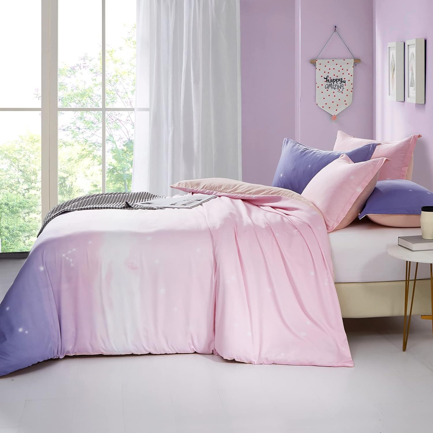 Purple Bedding Set Pink Gradient Duvet Cover Rainbow Quilt Cover Pillowcase with Zipper Closure for Kids Girls Teens Adults (Single Size 135X200Cm) image number 4