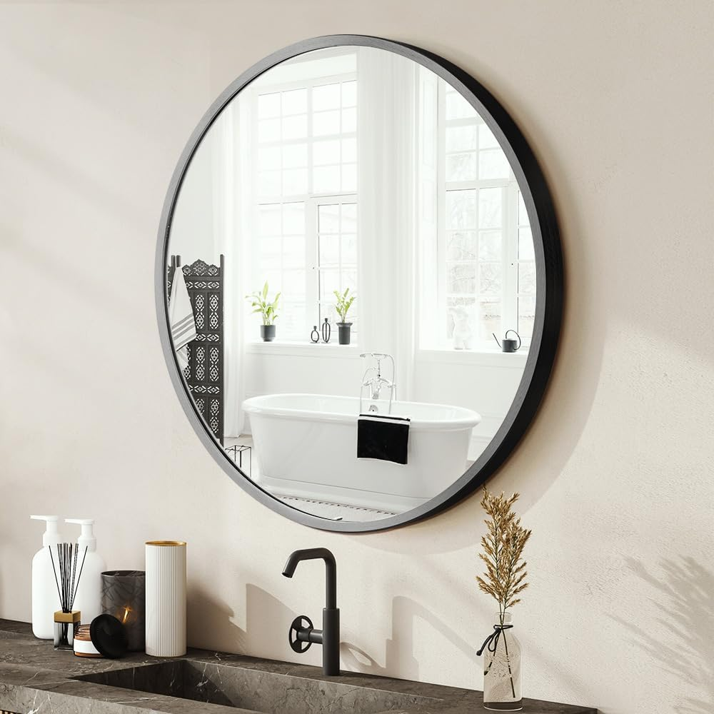 Furb round Wall Mirror, 60Cm Circular Bathroom Mirror, Black Metal Frame, Decorative Hallway Entryway Mirror image number 5