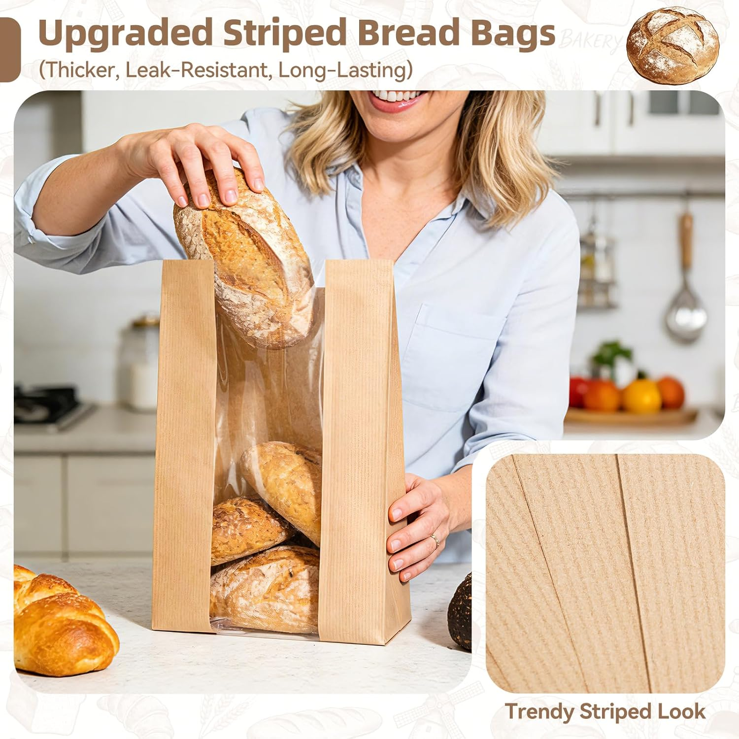 60 Pcs Paper Bread Loaf Bag Kraft Food Packaging Storage Bakery Toast Bag with Front Window, Label Seal Sticker Included (Style-1) image number 3