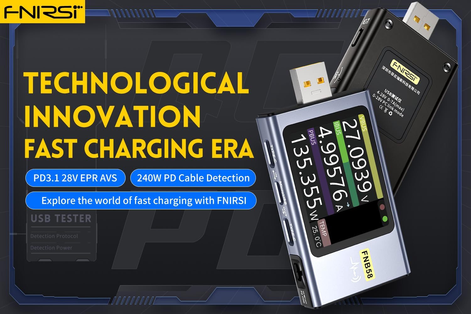 Fnirsi USB Tester Charge Detection -FNB58 Digital Voltmeter Ammeter USB Tester Type-C Fast Charge Detection Trigger Capacity Measurement Ripple Measurement(Fnb58 Wo Bluetooth) image number 1