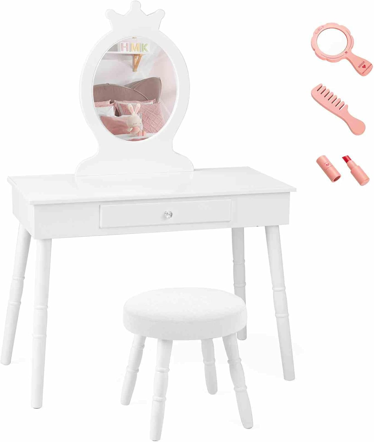 Costway Kids Vanity Makeup Table Set, Princess Vanity Table & Chair Set, Makeup Dressing Table with Drawer and Cushioned Stool, Vanity Desk with Real Mirror for Little Girls (White)
