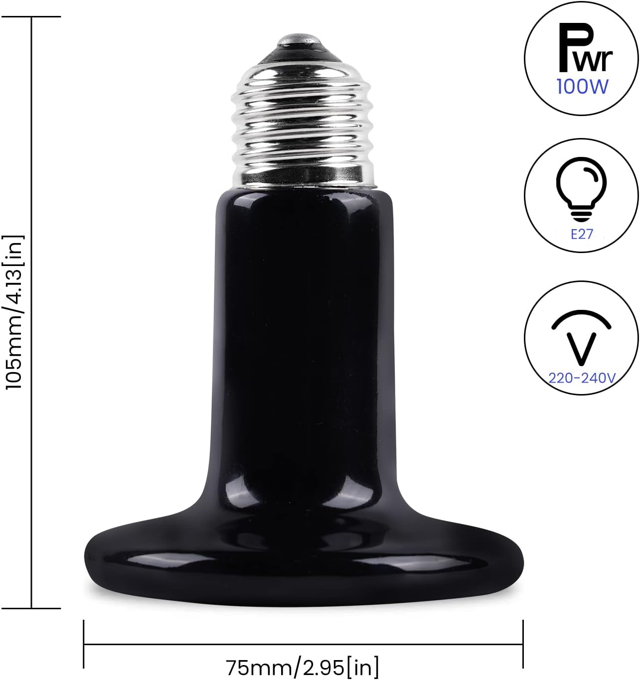 Bonlux Ceramic Heat Bulb, 100W Terrarium Reptile Heat Lamp E27 Black Infrared Ceramic Pet Heat Emitter for Lizards Tortoise Snakes Chicken Aquarium Amphibian (2-Pack) image number 6
