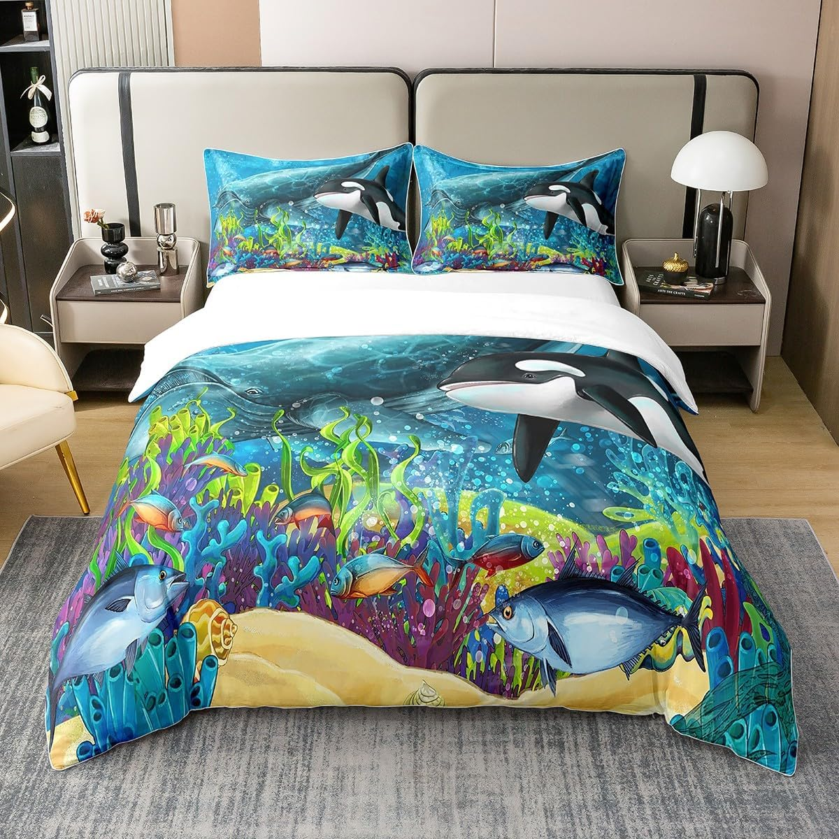 100% Cotton Ocean Comforter Cover 135 X 200 Cm, Hawaii Beach Decor Bedding Set for Children Adults, Tropical Plam Tree Duvet Cover Summer Bed Linen, Retro Sailing Boat Quilt Cover with 1 Pillowcase