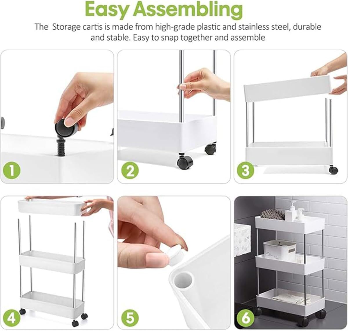 AIMALL Multi-Layer Bathroom Kitchen Storage Trolley Rack, Rolling Utility Organizer, Stainless Steel and Plastic, Easy to Assemble, White and Black image number 1