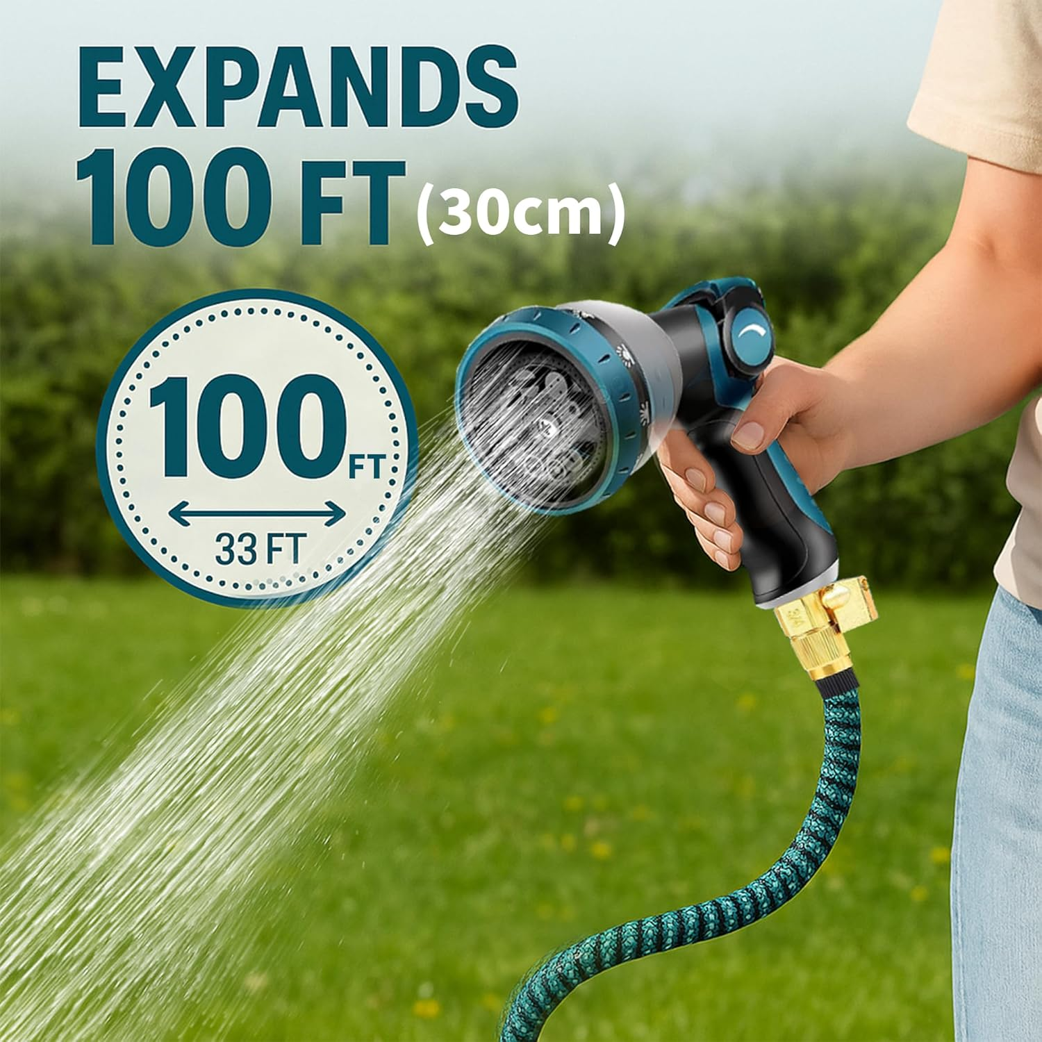 Expandable Garden Hose with 10-Pattern Spray Nozzle & Foam Bottle, Kink-Free Flexible Water Hose, Retractable Water Hose High Pressure with Holder & Quick Connector for Car Wash & Lawn Watering image number 4