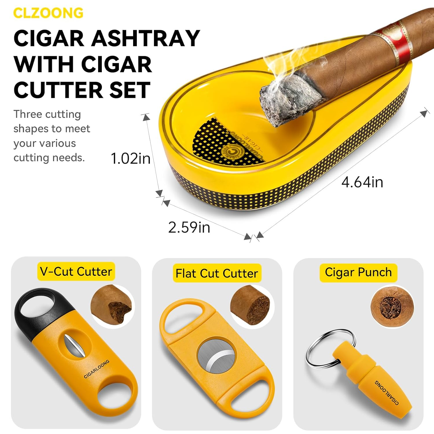 Cigar Ashtray with Cigar Cutter Set Portable, Include Ceramic Ashtray, Enlarge Sharp V-Cut Cutter Punch with Gift Box, Accessories Set for Men(Yellow)