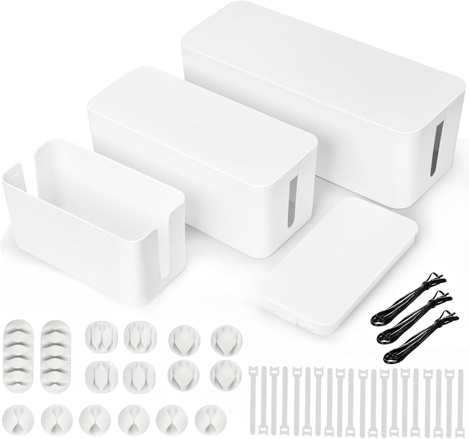 3PCS Cable Management Boxes Organizer, Cord Organiser Box System to Cover and Hide & Power Strips & Cords,Large Storage Wires Keeper Holder for Desk, TV, Computer,Usb Hub (White)