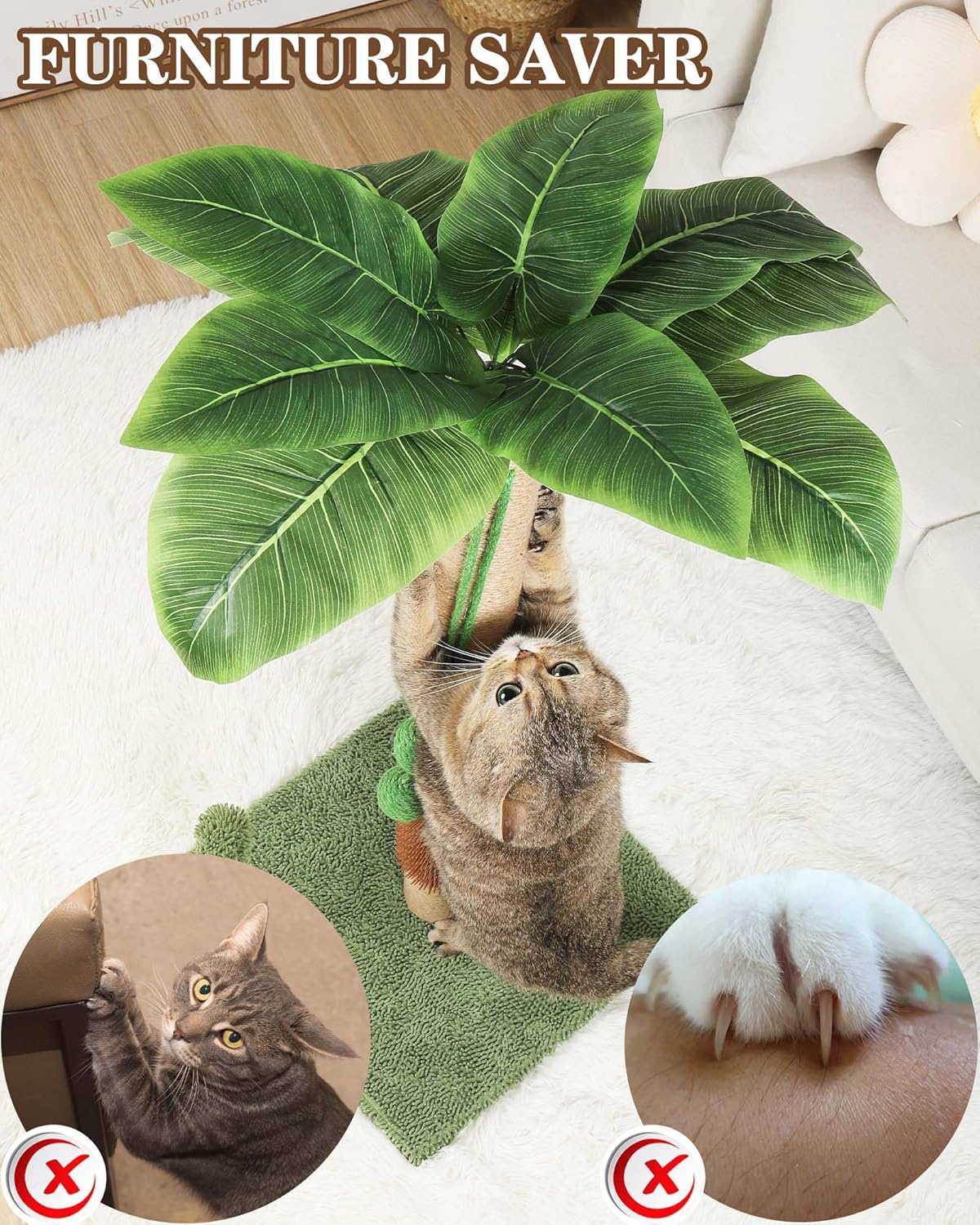 ANWA 35" Tall Cat Scratching Post for Kitten and Large Cats, Scratching Post for Indoor Cats with Self-Grooming Rubber Brush, Cat Sisal Post with Simulated Leaves image number 5