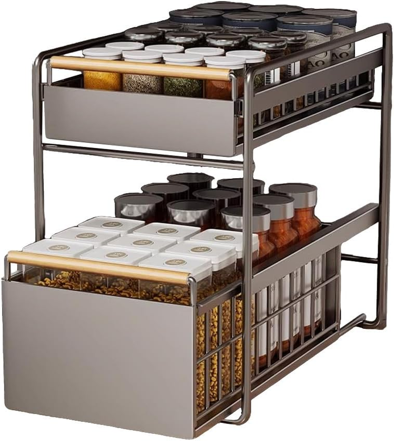 Leona Co Pull Out 2 Tier Metal Cabinet Organizer with Solid Wood Handle - No Assembly Required, Durable Mesh Design - Multi-Purpose Storage for Kitchen, Bathroom, Office (Large) image number 2