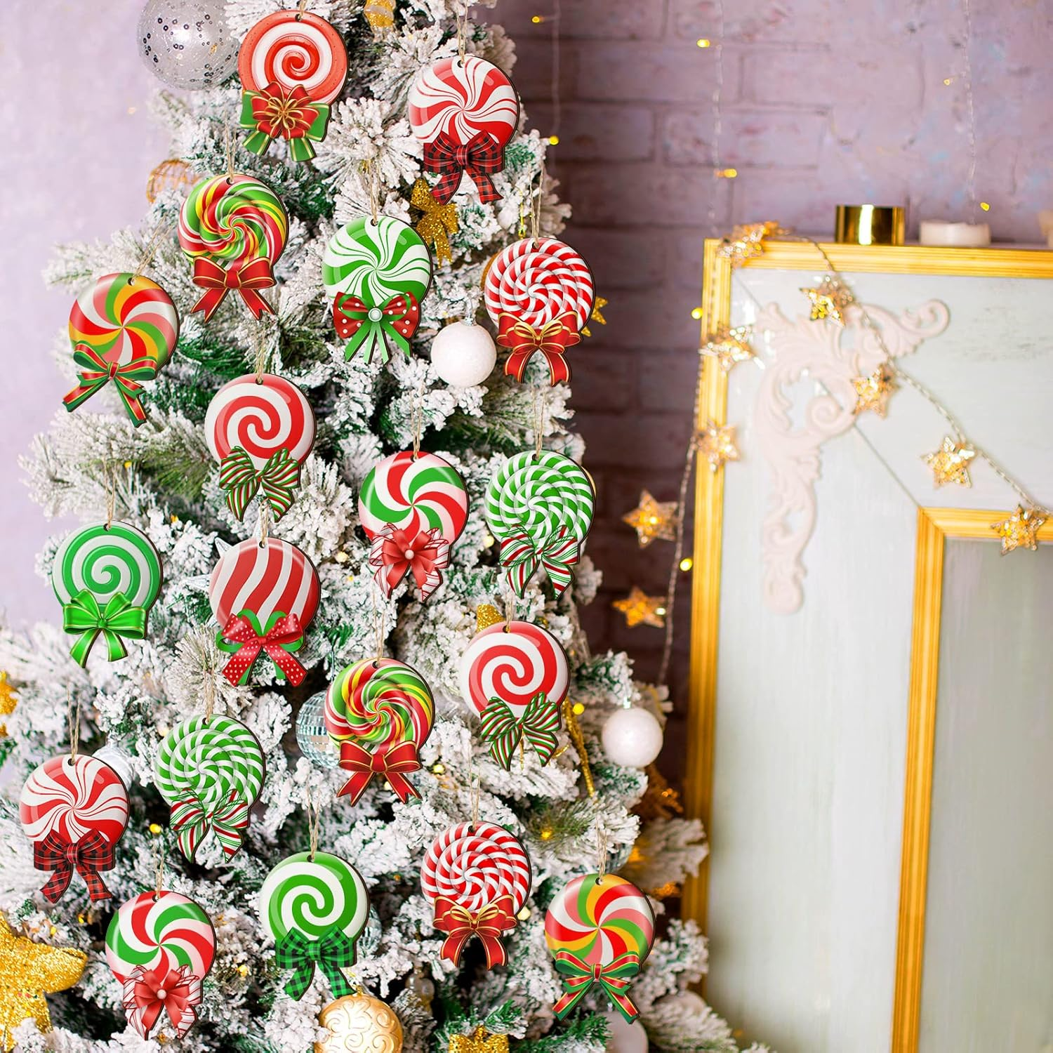 36 Pieces Christmas Tree Ornaments Colorful Wood Lollipop Hanging Peppermint Tree Decorations with Ropes for Candy Party Xmas Tree Home Decor image number 6