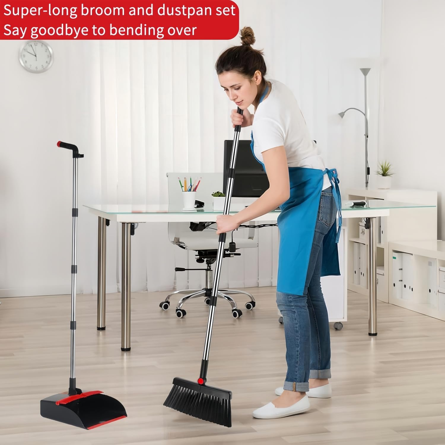 Upgraded Broom and Dustpan Set with 48.8" Long Handle, 180&deg; Rotating Stand-Up Dustpan & Comb Teeth - Lightweight Sweeping Combo for Home, Office, Kitchen, Lobby Floors (Space-Saving Design)